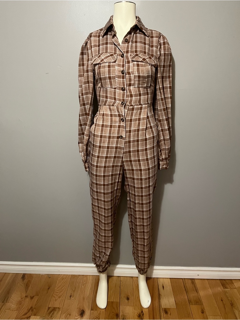 PrettyLittleThing Brown Plaid Button-Front Jumpsuit